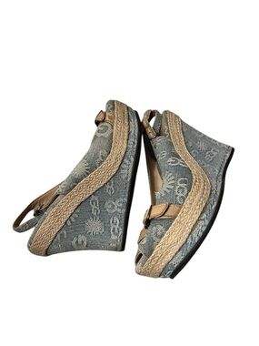 UGG Denim Logo Espadrille Wedge Sandals with Tan Trim